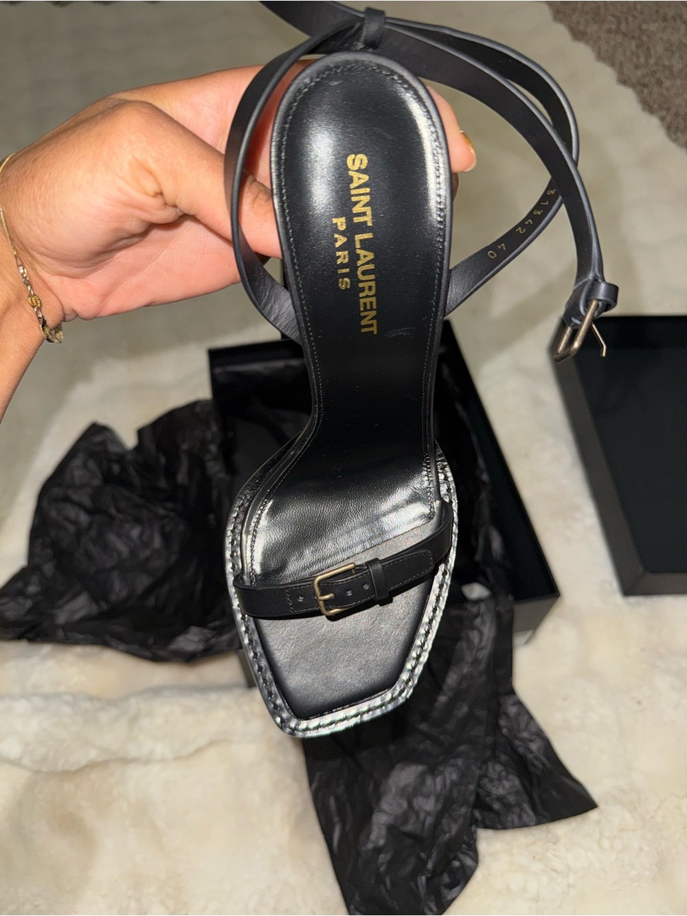 Saint Laurent Black Leather Square-Toe Slingback Heels with Gold Buckles - Picture 5 of 11